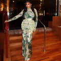 Fashion style cross-border printed waist wrap silm skirt suit pleated long skirt high collar trendy two-piece set casualwork clothing women's clothing