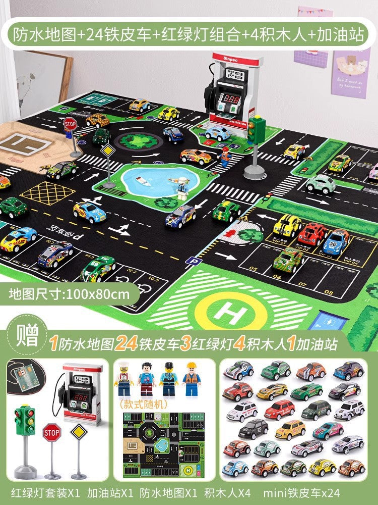 Kids' alloy pull-back car traffic map playset with crawling mat, parking garage, and inertia toys for boys