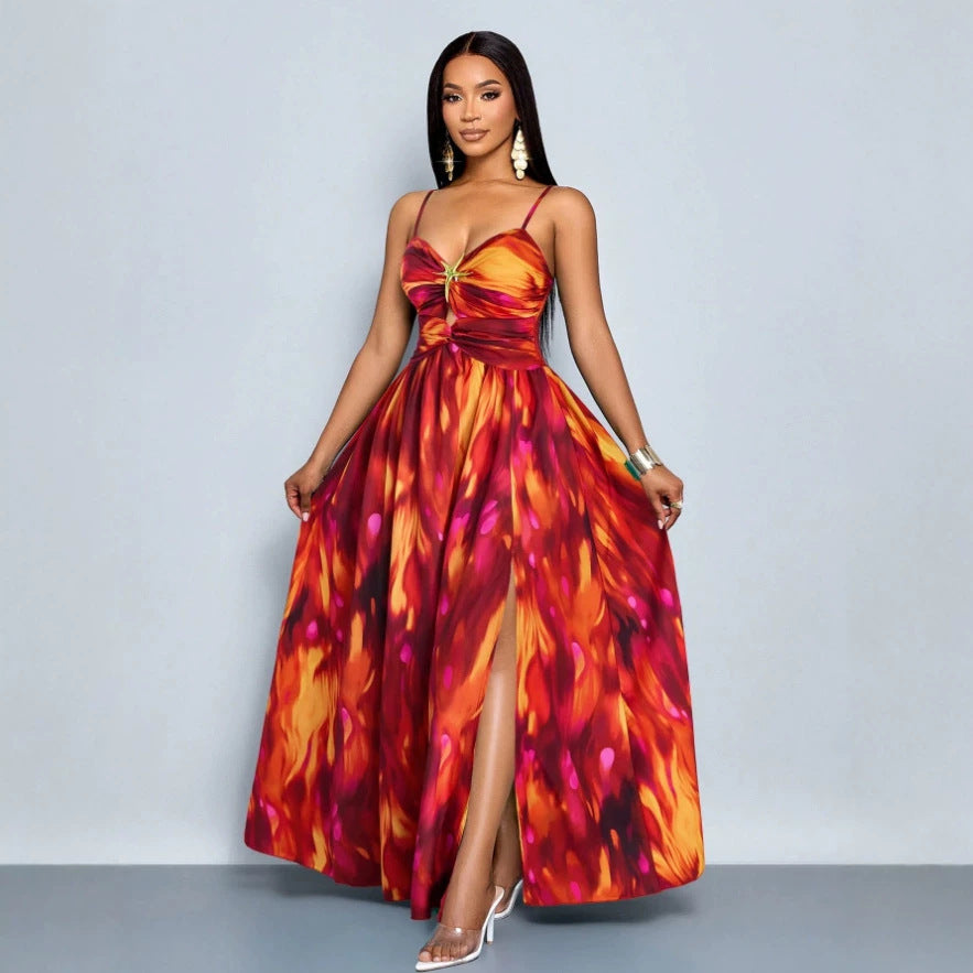 sexy tropical print cutout high slit backless vacation sundress with gold starfish embellishments