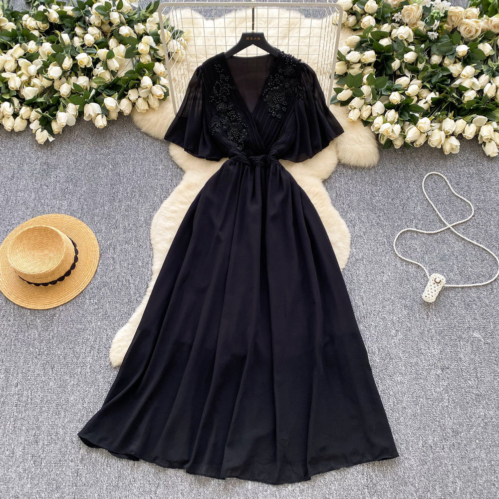 French retro chic v-neck dress - women's summer pleated, beaded, and crinkled design - mature and elegant maxi dress