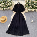French retro chic v-neck dress - women's summer pleated, beaded, and crinkled design - mature and elegant maxi dress
