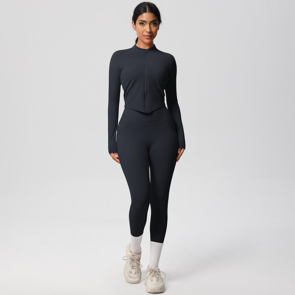 European and american nude feel compression zip-up yoga set - high-waisted pocket quick-dry activewear running fitness two-piece outfit