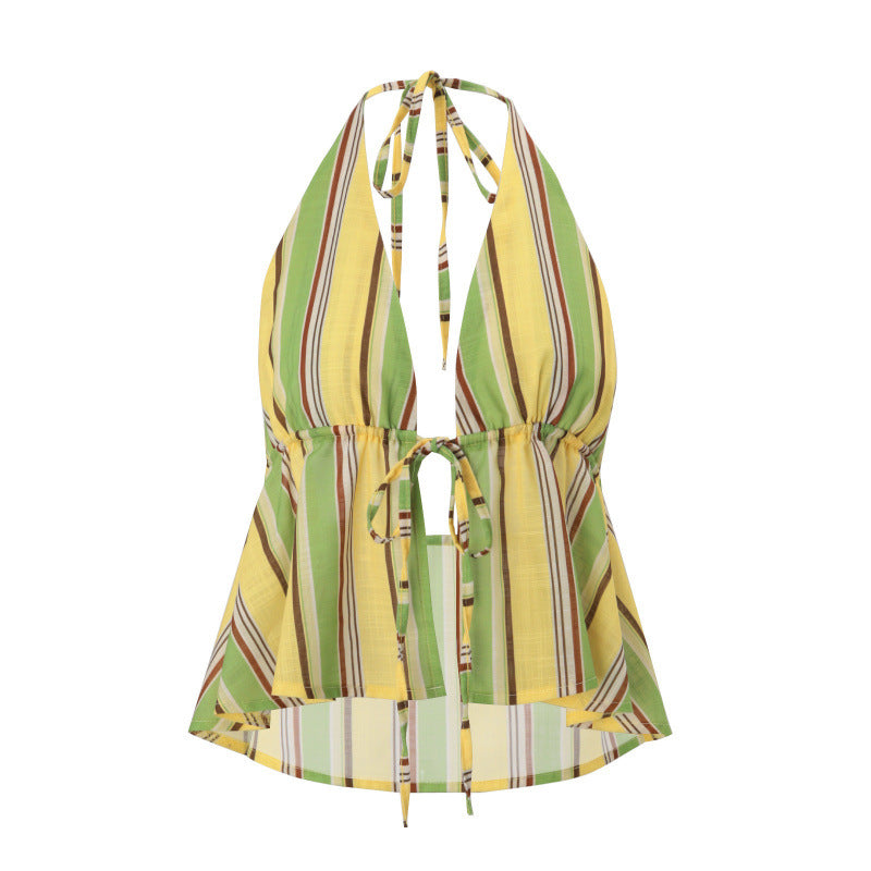Amazon women's clothing  summer new bohemian style cardigan backless cutout color block halter top