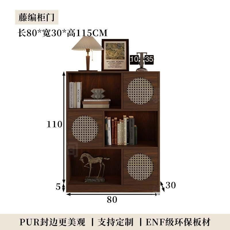 Half wall solid wood bookcase low cabinet storage cabinet all-in-one living room side cabinet combination cabinet storage rack color matching rattan bookshelf
