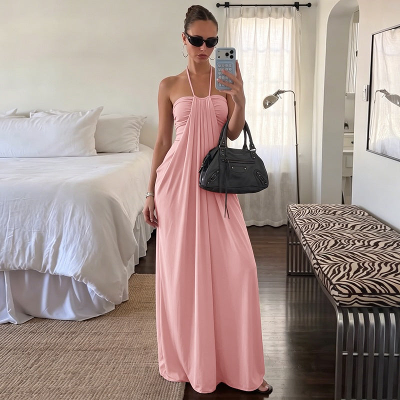 European and american cross-border women's fashion:  summer new arrivals - stylish vacation-inspired solid color halter neck tie-back backless dress wholesale