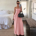 European and american cross-border women's fashion:  summer new arrivals - stylish vacation-inspired solid color halter neck tie-back backless dress wholesale
