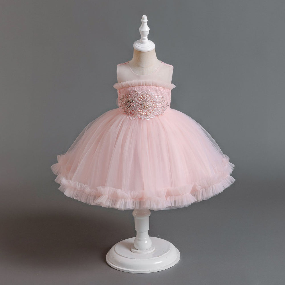 Ready-to-ship new children's formal dress: pearl-embellished tulle princess gown for baby girls, perfect for first birthday photoshoots and special occasions. kids dress