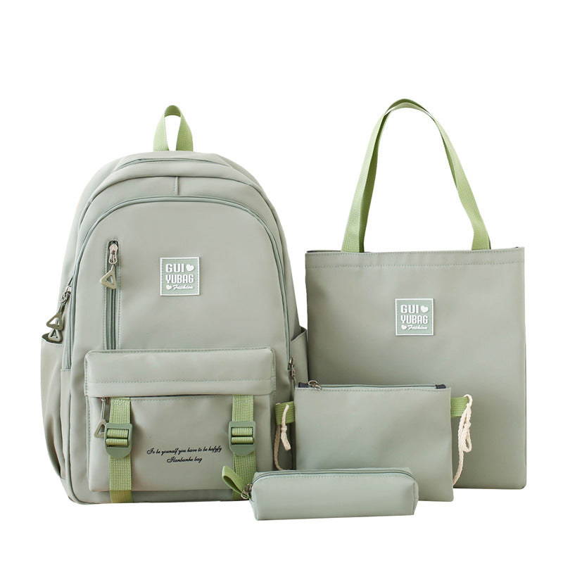New student schoolbag solid color simple backpack women's large-capacity student four-piece set multi-functional schoolbag tote bag