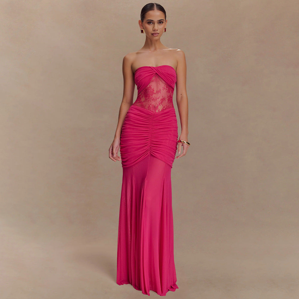 European and american cross-border  summer new sleeveless bandeau maxi dress - sexy, spicy, ruched, cutout, slim-fit women's dress