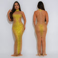 C7556 cross-border   fashion women's sexy see-through mesh rhinestone party dress