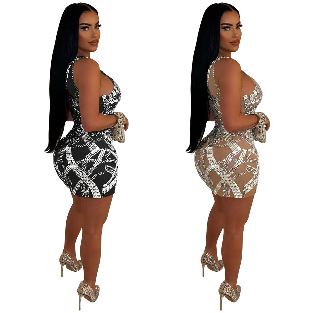 C6898 cross-border   fashion women's solid color mesh rhinestone mini dress