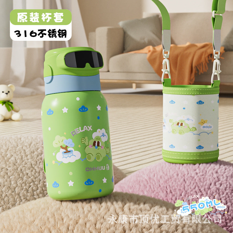 High-style stainless steel fingerprint-insulated tumbler, dopamine-boosting large capacity, with carrying strap and straw, portable sports water bottle for kids