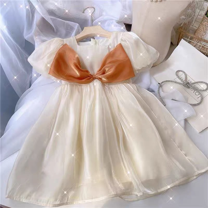 Girls' dress  new summer collection - stylish princess dress for little girls, featuring bubble sleeves and mesh skirt