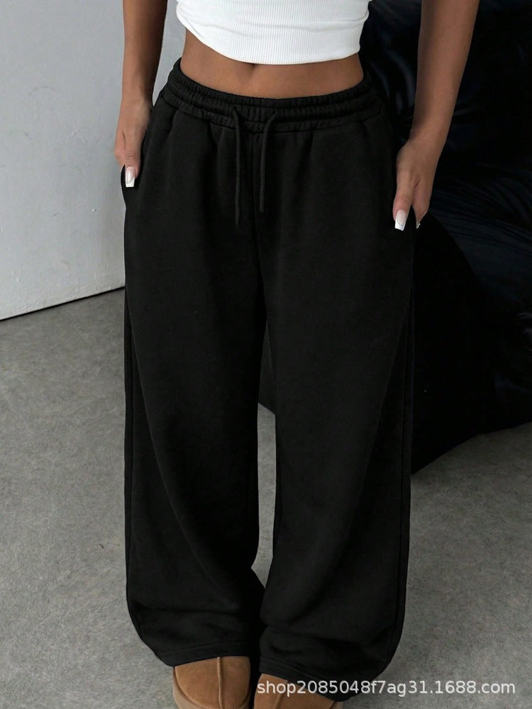 Girls' american retro black drawstring pocket wide-leg loose fit fleece-lined straight leg sweatpants