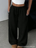 Girls' american retro black drawstring pocket wide-leg loose fit fleece-lined straight leg sweatpants