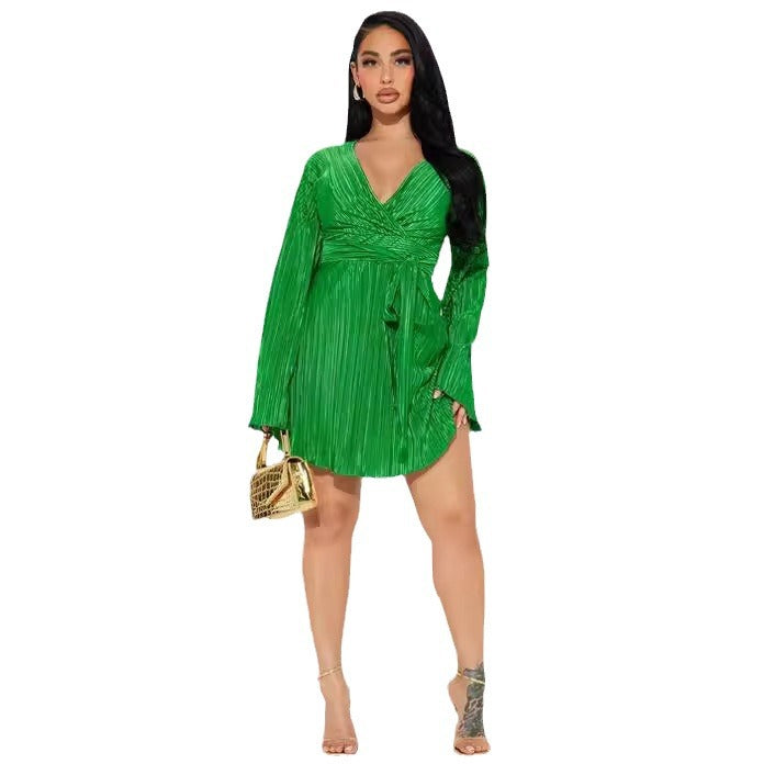 Amazon women's  spring new high-waisted long sleeve solid color backless tie-up pleated asymmetrical dress