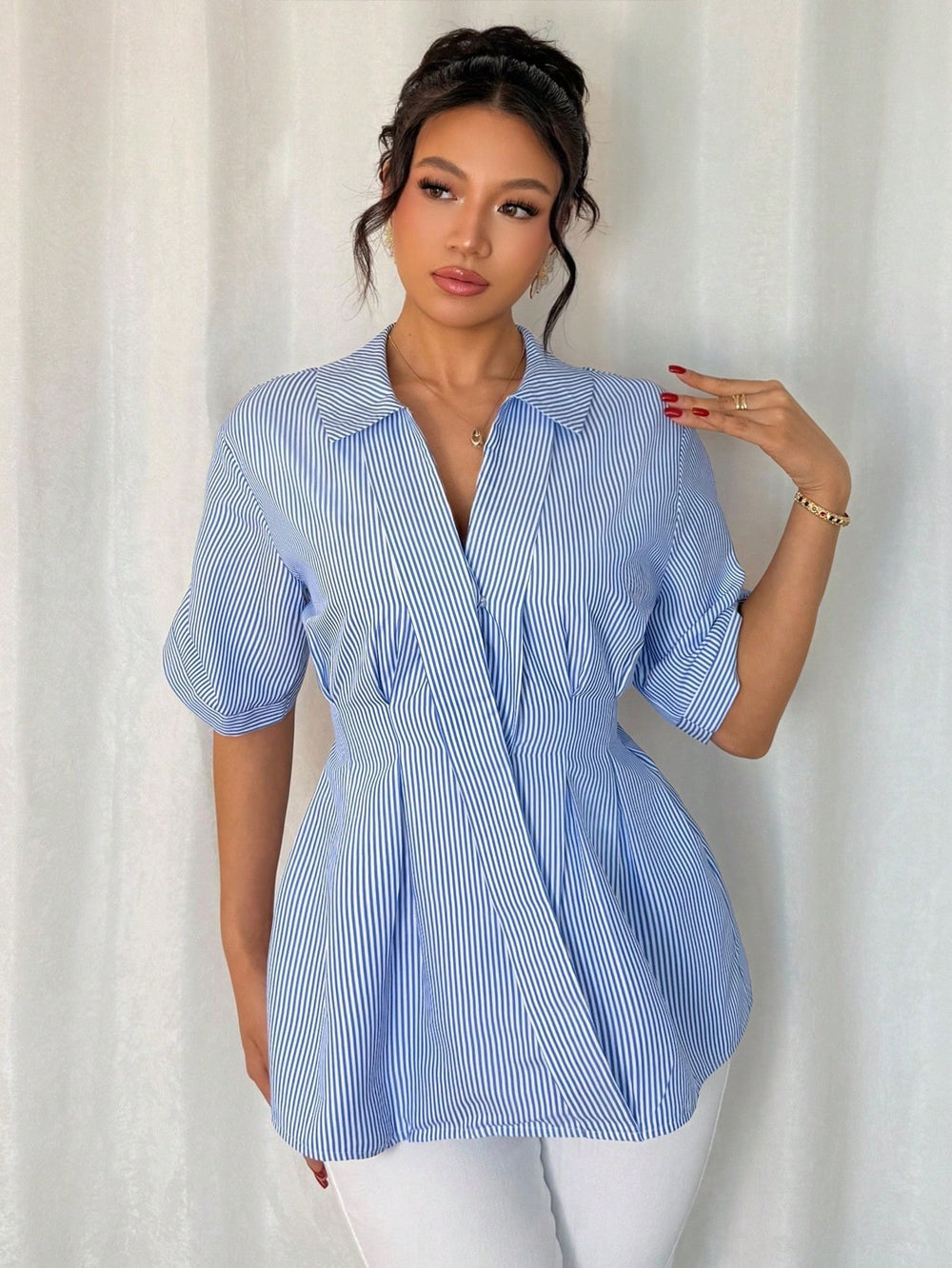 Amazon cross-border exclusive: european and american style striped blouse for women, spring/summer  collection. v-neck, slim-fit, figure-flattering work shirt