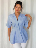 Amazon cross-border exclusive: european and american style striped blouse for women, spring/summer  collection. v-neck, slim-fit, figure-flattering work shirt