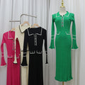 fashion style fall and winterfrench socialitelong sleevesdress lapel button fungus edge knitting skirtlong sleeves