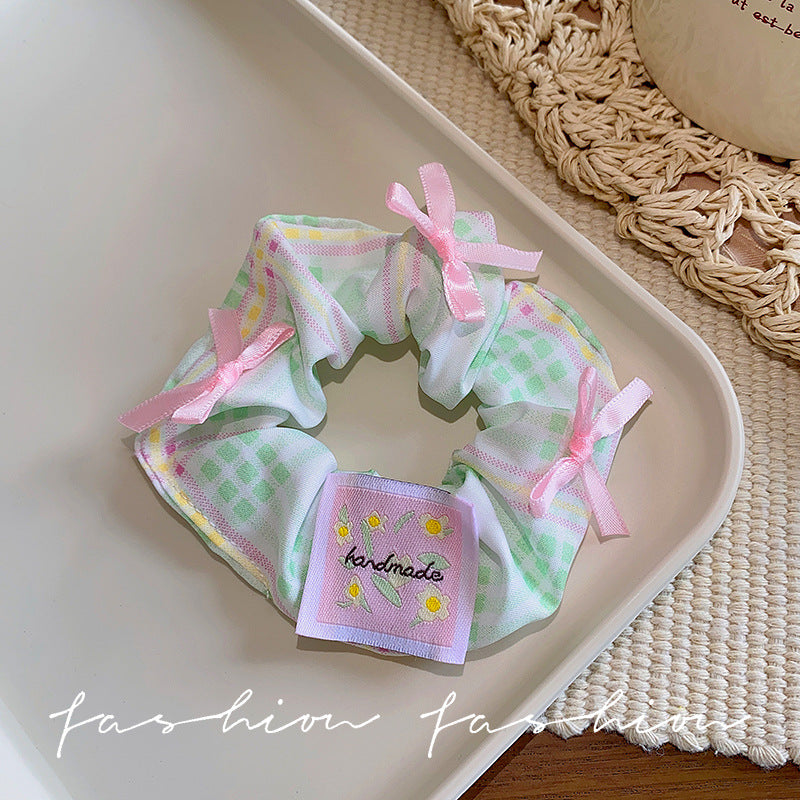 Blue sweet floral bow scrunchie hair tie - wholesale hair bands for ponytails, buns, and updos
