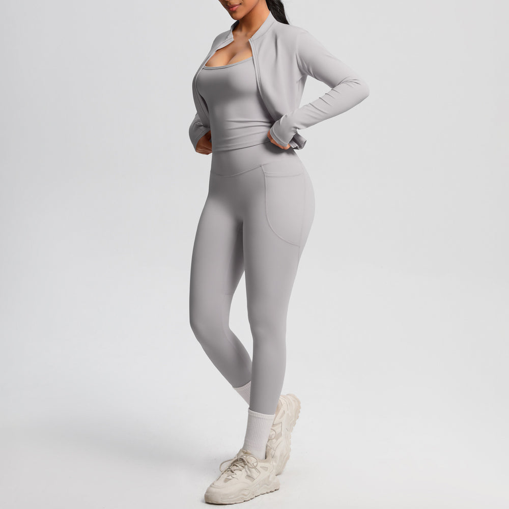 Fashion cross-border new cloud-sensing brushed sports vest flap pocket pantscasual hip-lifting fitness yoga wear three-piece set