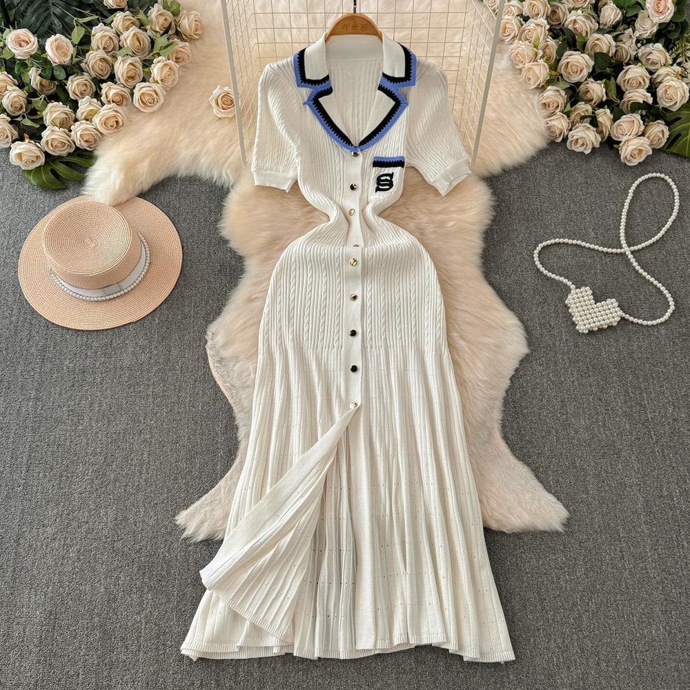 Fall and winter tweed style socialite short-sleeved contrast colorembroider suit collar waist slimming look single-breasted a-line knittingdress