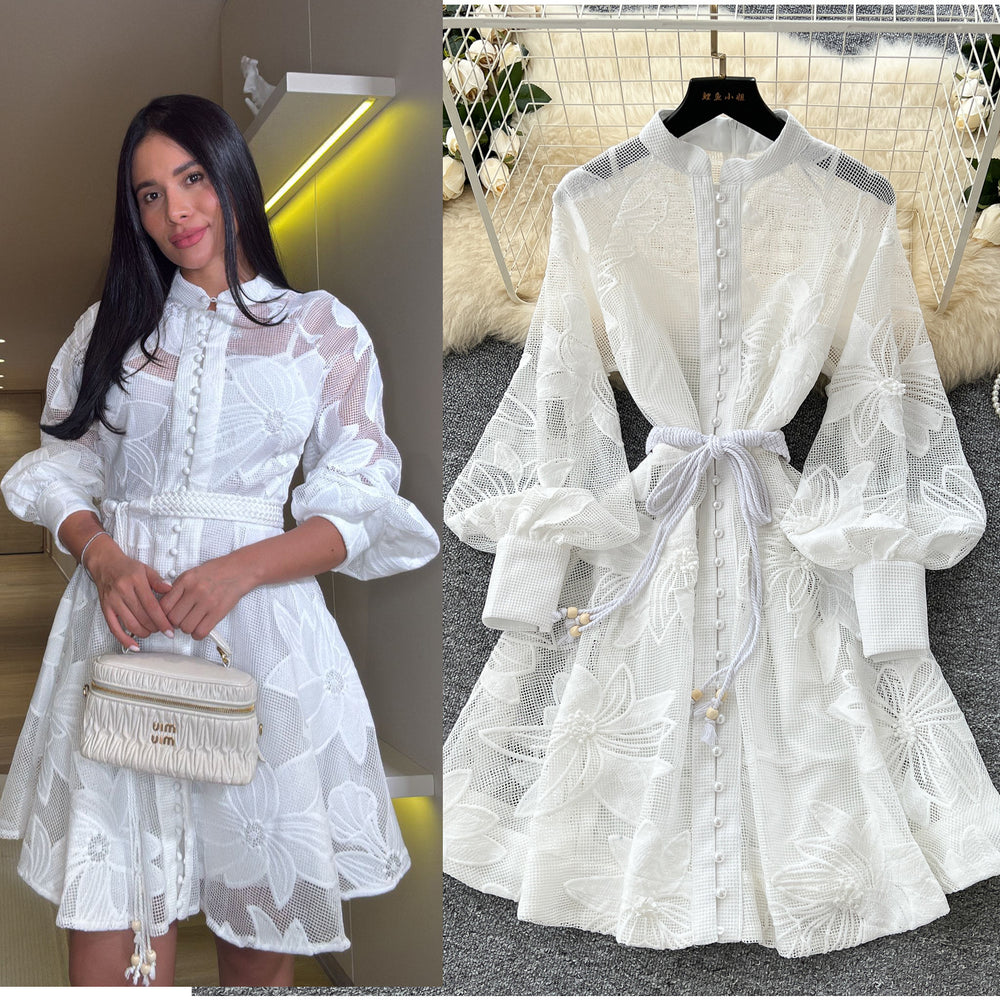 French high-end elegant women's dress - court style tie-waist, hollow-out embroidery, single-breasted a-line skirt