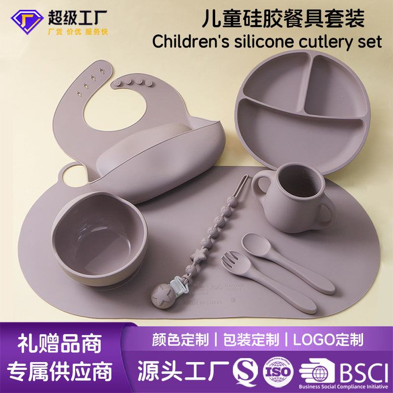 hot-selling kids' silicone dinnerware set, baby food feeding utensils 8-piece set, infant feeding supplies wholesale