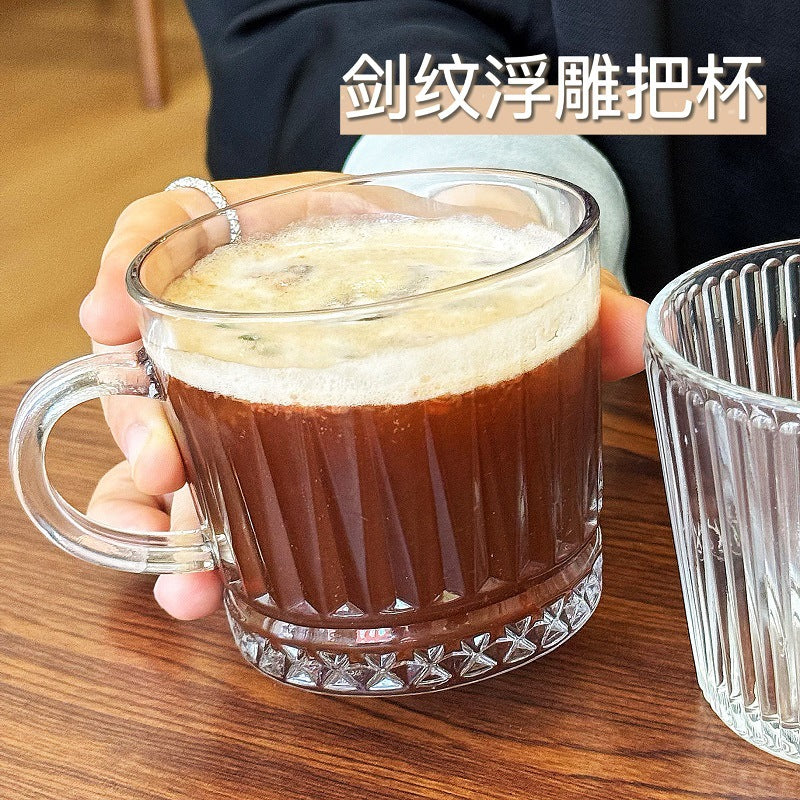 Ins glass cup with handle for home breakfast cup popular embossed water cup good-looking coffee cup souvenir cup