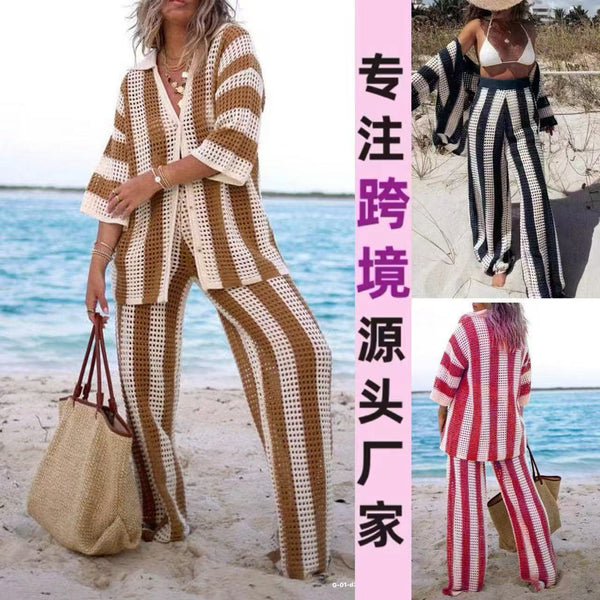 Summer European and American women's clothing  2024 fashion V-neck hollow striped shirt loose knitted wide-leg pants set