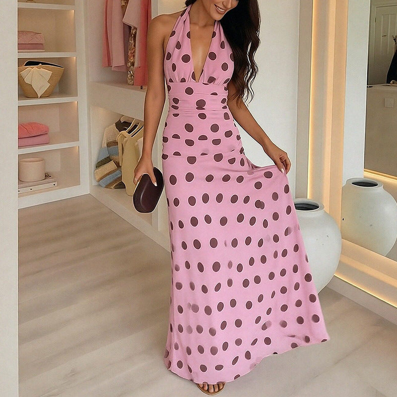 cross-border e-commerce women's fashion: european and american summer new arrivals - elegant v-neck polka dot backless halter dress