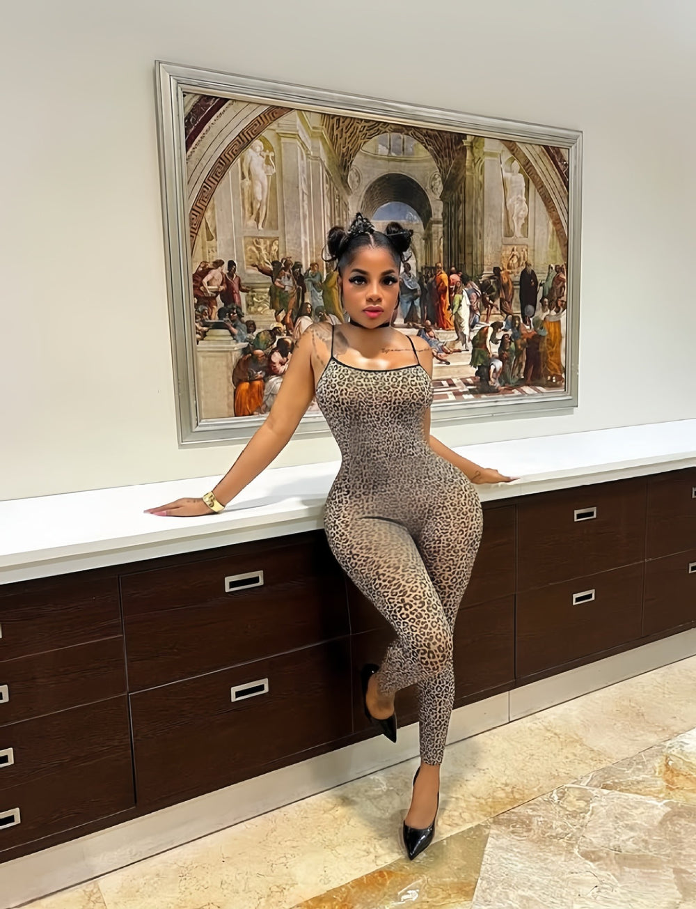 European and american cross-border women's fashion  winter new sleeveless camisole sexy backless leopard print bodycon jumpsuit