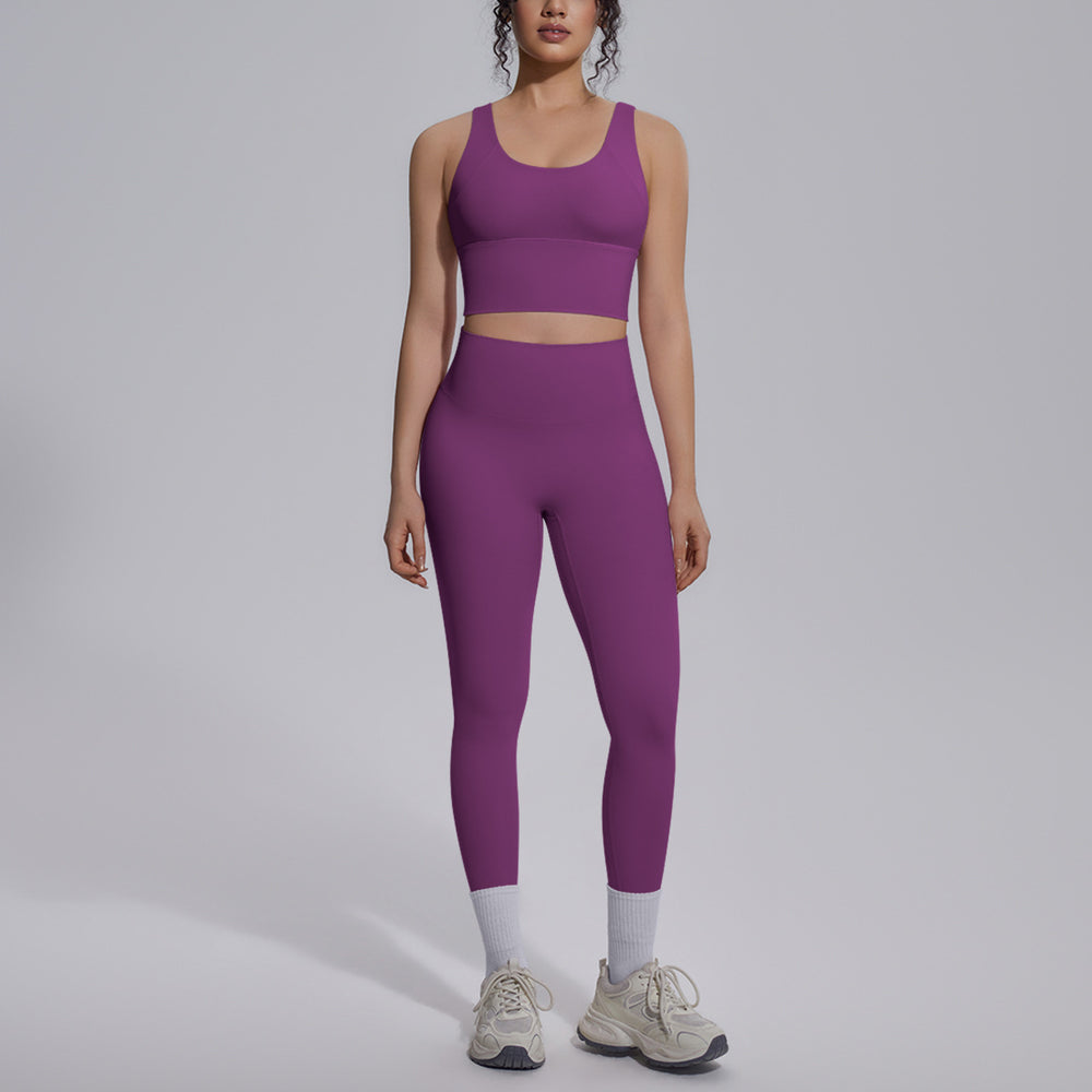 pure color double-sided brocade v-shaped beautiful back breathable tight-fitting yoga suit sports running fitness two-piece set for women