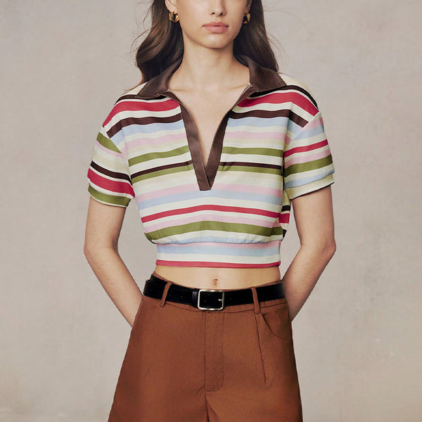 Cross-border independent station Foreign trade European and American style temperament striped POLO shirt 2025 summer new commuter striped short-sleeved women