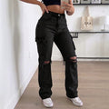 European and american style women's distressed denim cargo pants - high waist, washed, slim fit, designer jeans