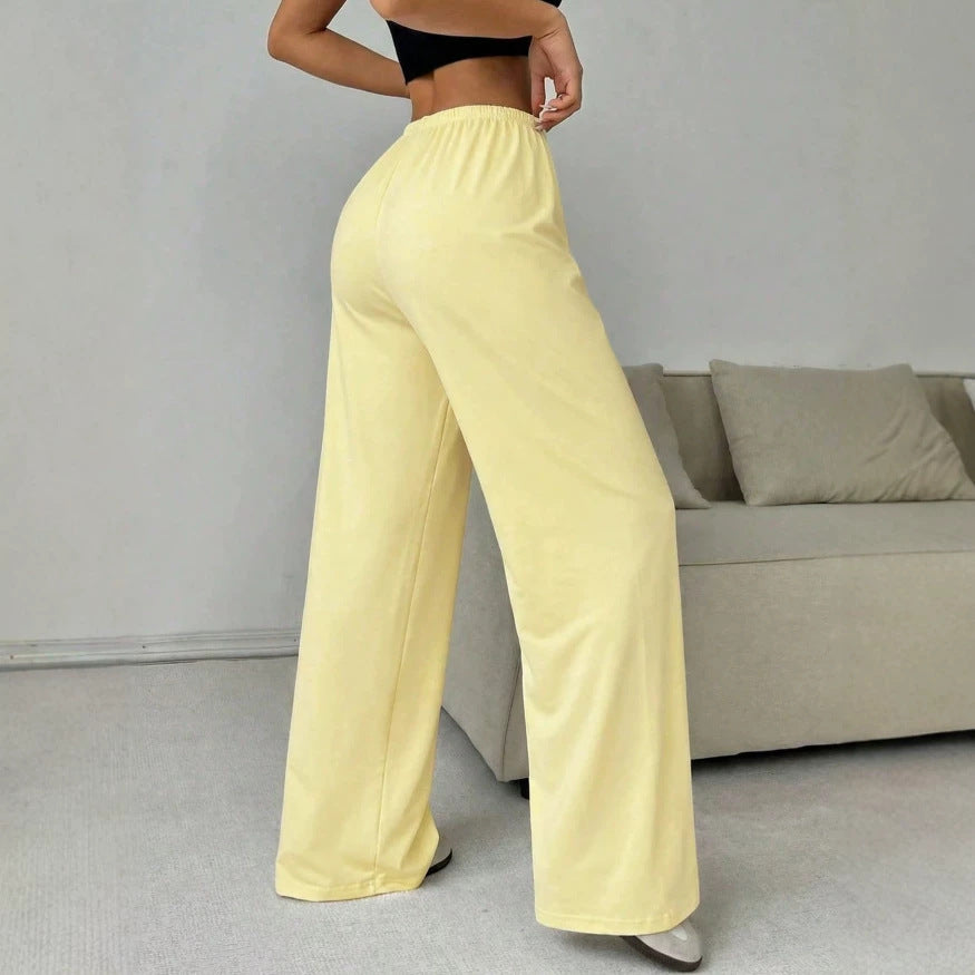 fashion light yellow casual loose pants high waist drawstring draped mop pants thin plaid