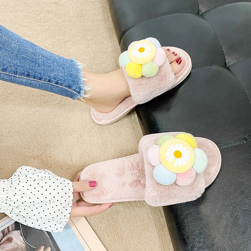 Women's fuzzy slippers - new korean style floral design, sweet and warm, indoor/outdoor use, home floor flat cotton slippers for winter