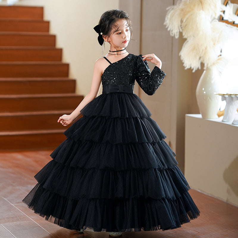 Girls' formal dresses princess gowns high-end little host runway fashion european and american black performance costumes light luxury hepburn style dresses for girls