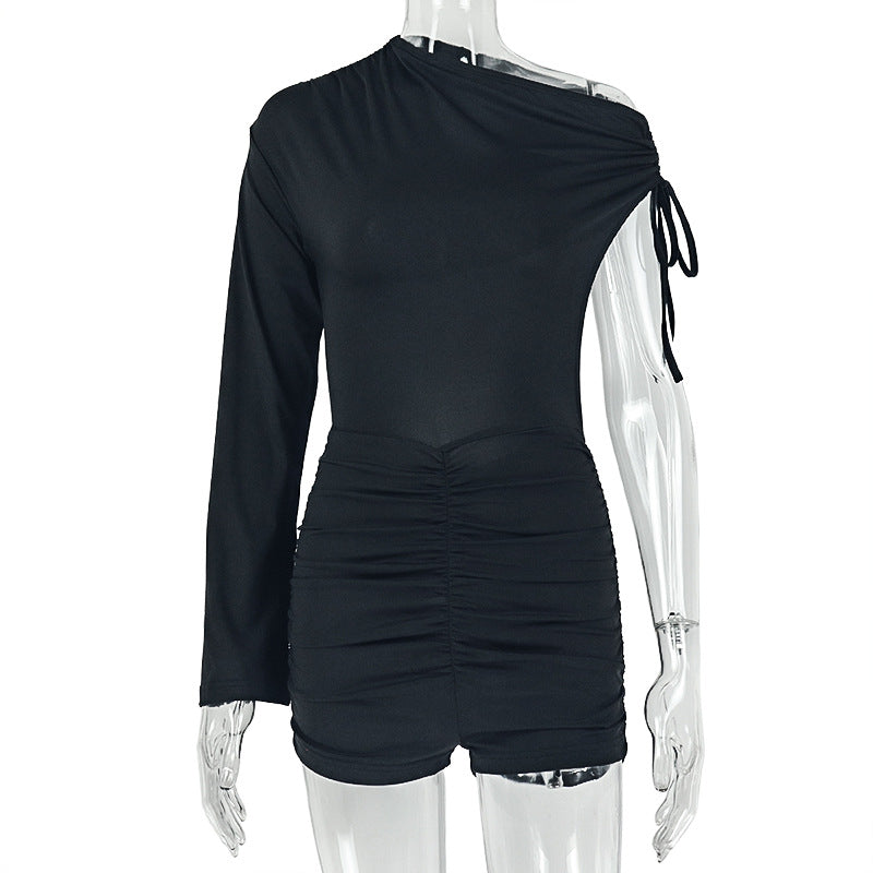 Fashion styleexportpure color women's sporty hip-covering short jumpsuit with slanted collar and one-shoulder long sleeves asymmetrical jumpsuit