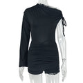 Fashion styleexportpure color women's sporty hip-covering short jumpsuit with slanted collar and one-shoulder long sleeves asymmetrical jumpsuit
