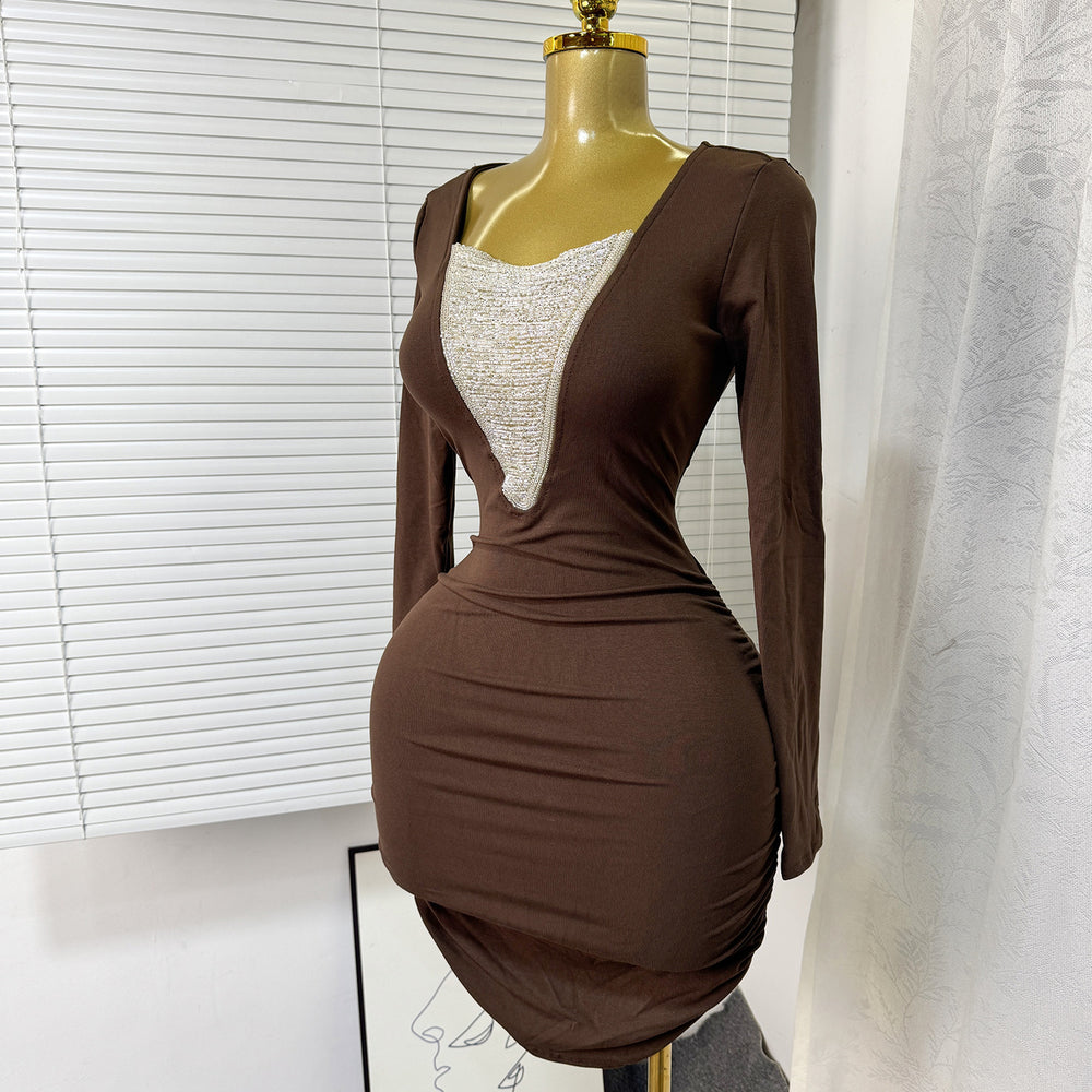 Fashion cross-border spring & fallv neck chain beaded long sleeves elastic silmdresssexy hip-covering short skirt for women dress