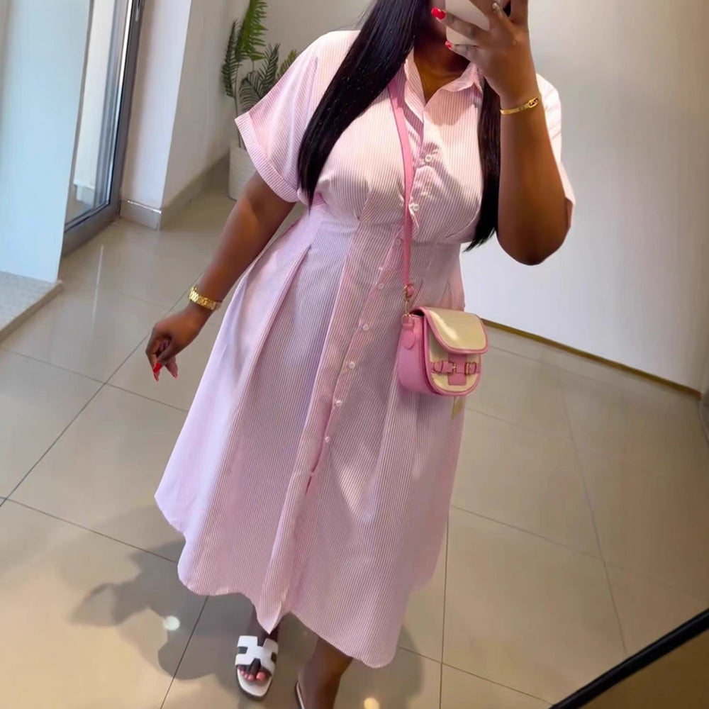 European and american cross-border women's clothing: african plus size  summer new fashion turn-down collar short sleeve striped shirt dress for women