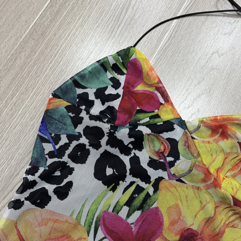 new european and american style women's vacation outfit: colorful abstract print ruched v-neck tie-up tank top with bow detail