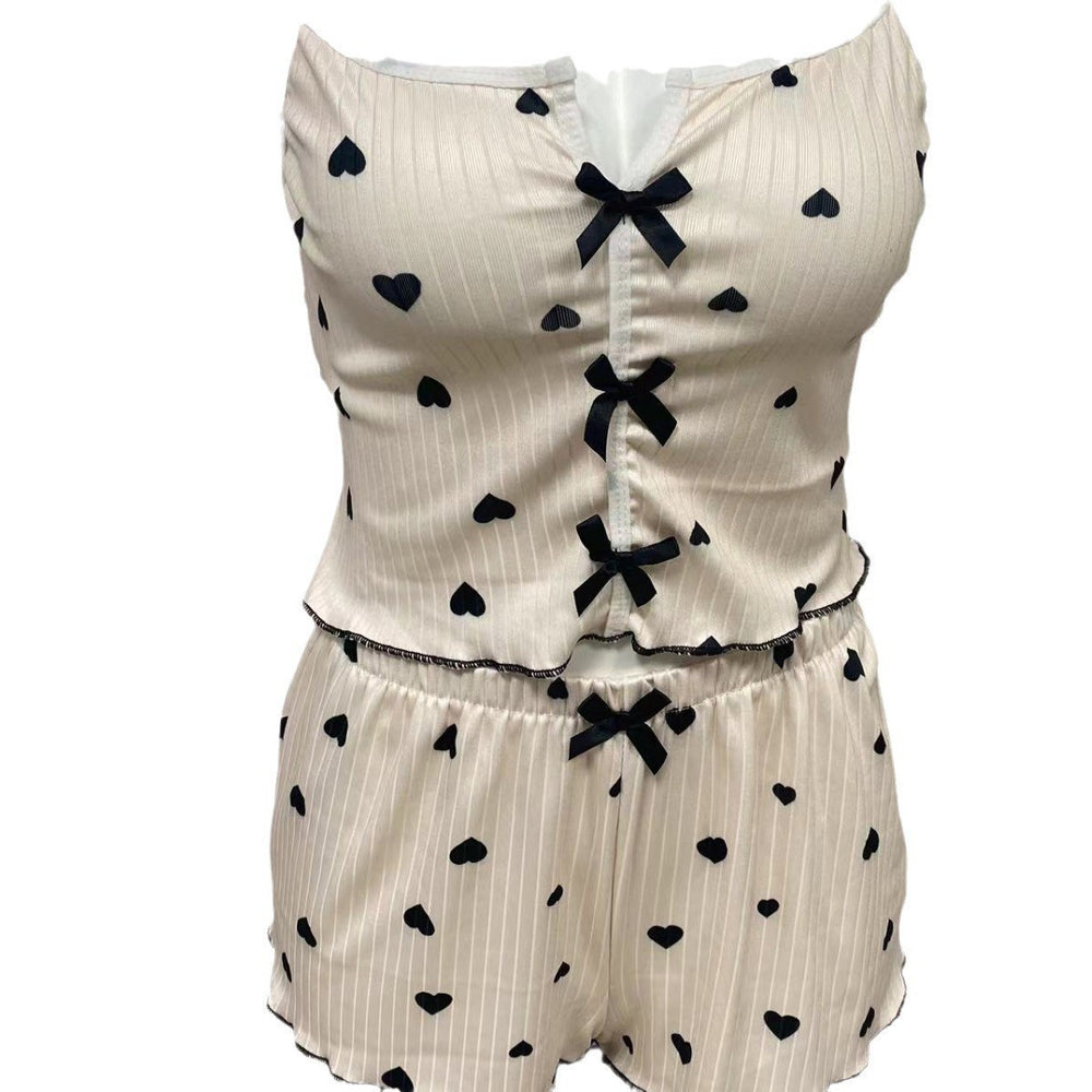 new arrival heart-shaped printingcontrast color home clothes front slit sexy pit strap pajamassuit