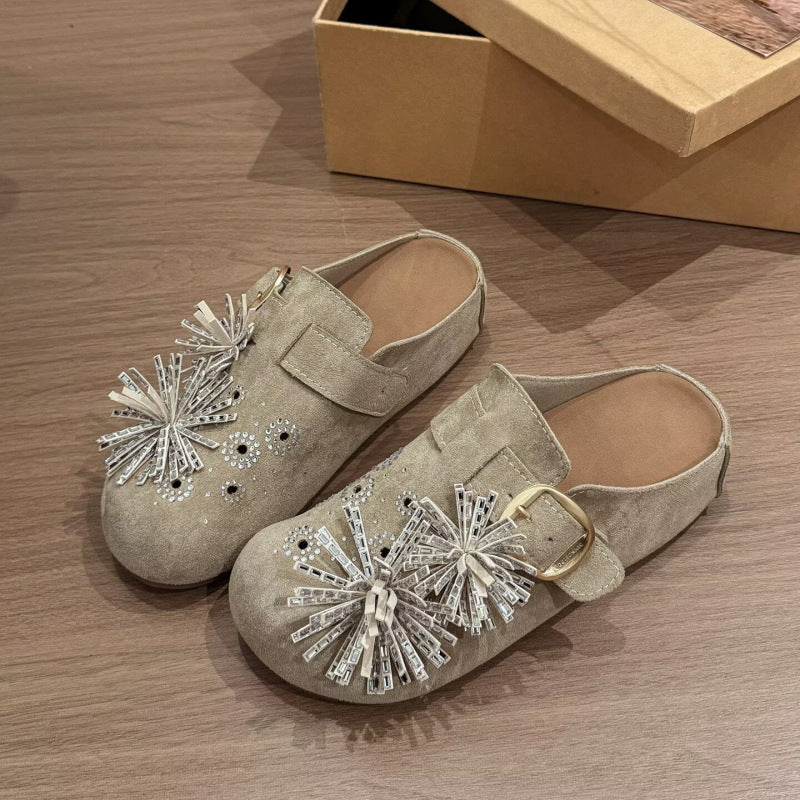 Thick sole hidden heel fireworks rhinestone birkenstock shoes women's 2026new arrivalspring and summer toe-cap half slippers outwear sandals flats