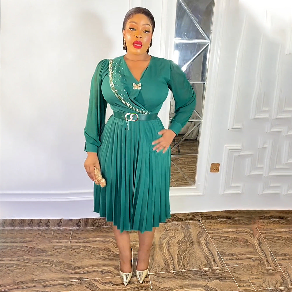 Fashionexport chiffon pleated skirt with belt african tiktok  women's clothing plus sizedress comes with brooch