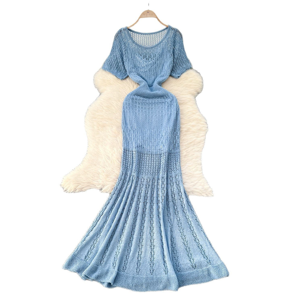 Korean style women's vacation outfit: gentle and chic crochet knit short-sleeve cardigan dress + camisole slip dress