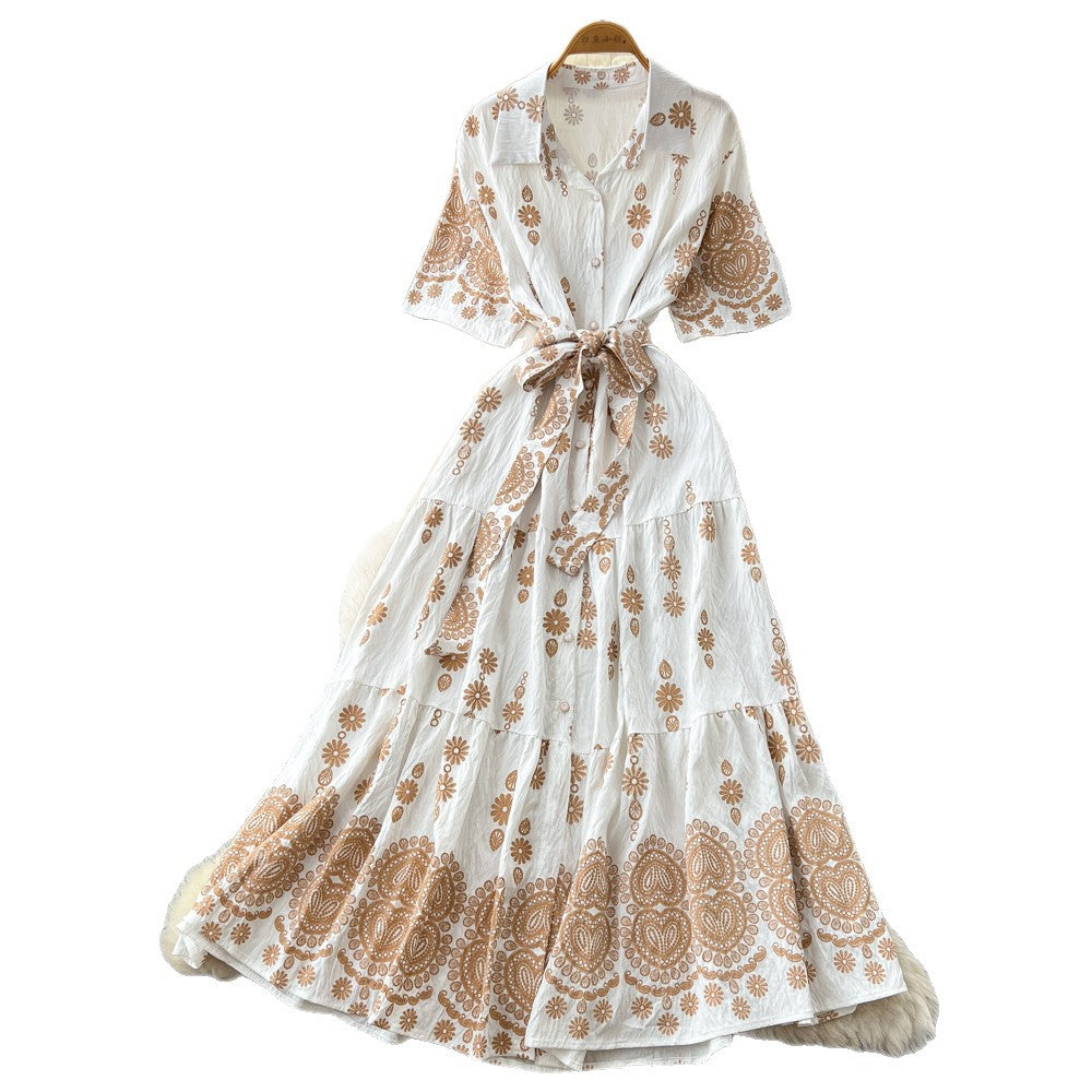 Korean style red printed embroidered dress - women's summer retro high-waisted tie-waist elegant a-line dress - commute outfit