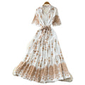 Korean style red printed embroidered dress - women's summer retro high-waisted tie-waist elegant a-line dress - commute outfit