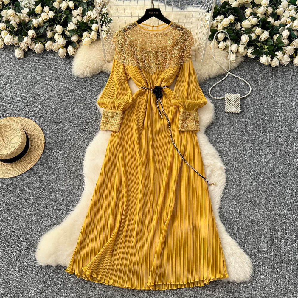 Frenchclassyelegantheavy sequin embroidered beadspatchworklong sleevesdress women's strappy waist elegant pleated long skirt